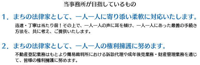 当事務所が目指しているもの 1.まちの法律家として、一人一人に寄り添い柔軟に対応いたします。迅速・丁寧は当たり前!その上で、一人一人の声に耳を傾け、一人一人にあった最善の手続き方法を、共に考え、ご提供いたします。2.まちの法律家として、一人一人の権利擁護に努めます。不動産登記業務はもとより簡易裁判所における訴訟代理や成年後見業務・財産管理業務を通じて、皆様の権利擁護に努めます。